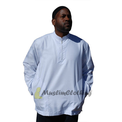 Long Sleeved White Men's Shirt with Zipper Clothing Islamic