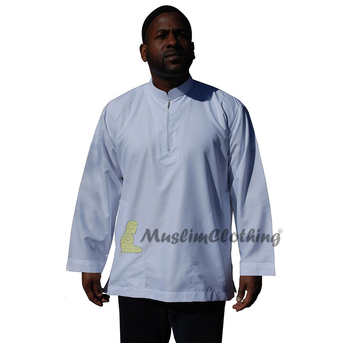 Long Sleeved White Men's Shirt with Zipper Clothing Islamic