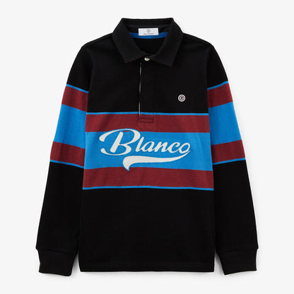Maillot de rugby garçon en coton brodé rayé noir Lucky SERGE BLANCO