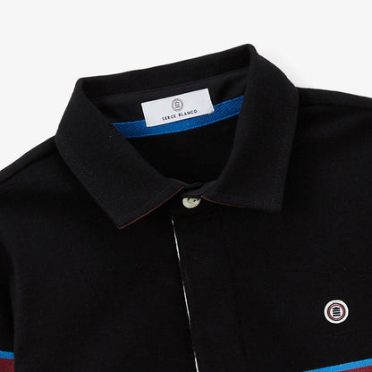 Maillot de rugby garçon en coton brodé rayé noir Lucky SERGE BLANCO