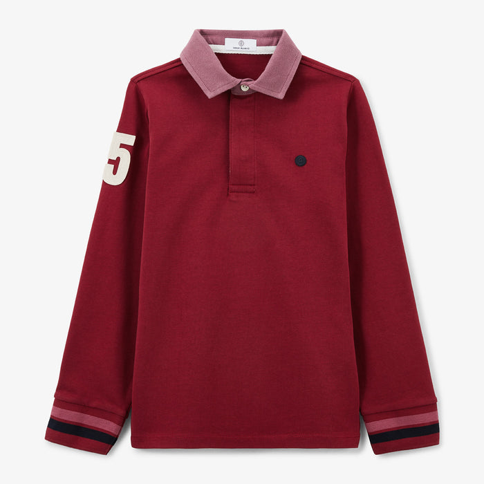 Maillot de rugby garçon manches longues rouge merlot brodé 15 SERGE BLANCO
