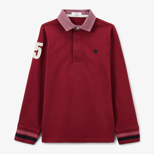 Maillot de rugby garçon manches longues rouge merlot brodé 15 SERGE BLANCO