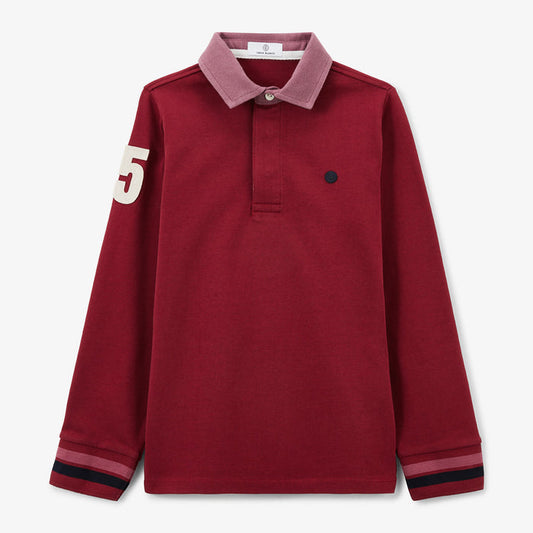 Maillot de rugby garçon manches longues rouge merlot brodé 15 SERGE BLANCO