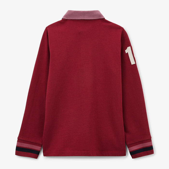 Maillot de rugby garçon manches longues rouge merlot brodé 15 SERGE BLANCO