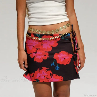 Multi-wear style Floral Print Mini Skirt Crop Tops Women Slim Low Waist Side Split Tie-Up Bodycon Skirt Y2K Vintage Streetwear