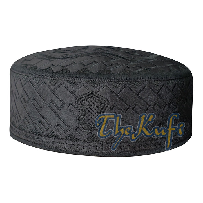 Muslim Kufi Hat - Black Oval Embroidered Rasulullah Sandal Emblem Prayer Cap
