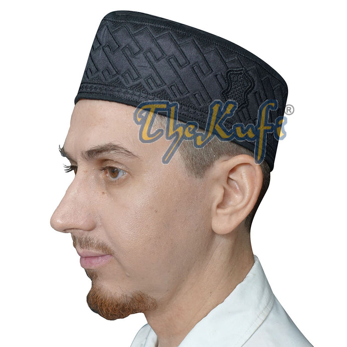Muslim Kufi Hat - Black Oval Embroidered Rasulullah Sandal Emblem Prayer Cap