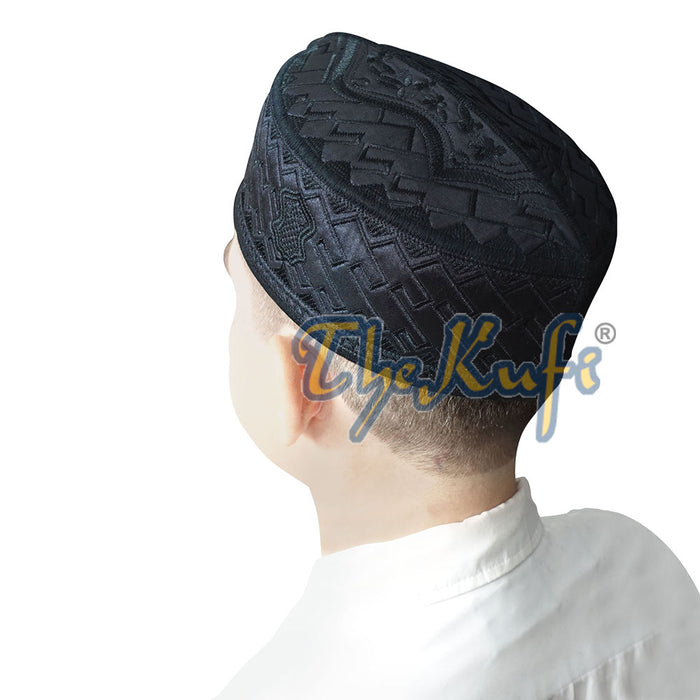Muslim Kufi Hat - Black Oval Embroidered Rasulullah Sandal Emblem Prayer Cap