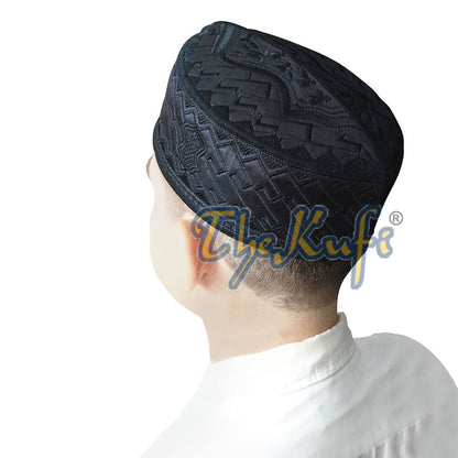 Muslim Kufi Hat - Black Oval Embroidered Rasulullah Sandal Emblem Prayer Cap