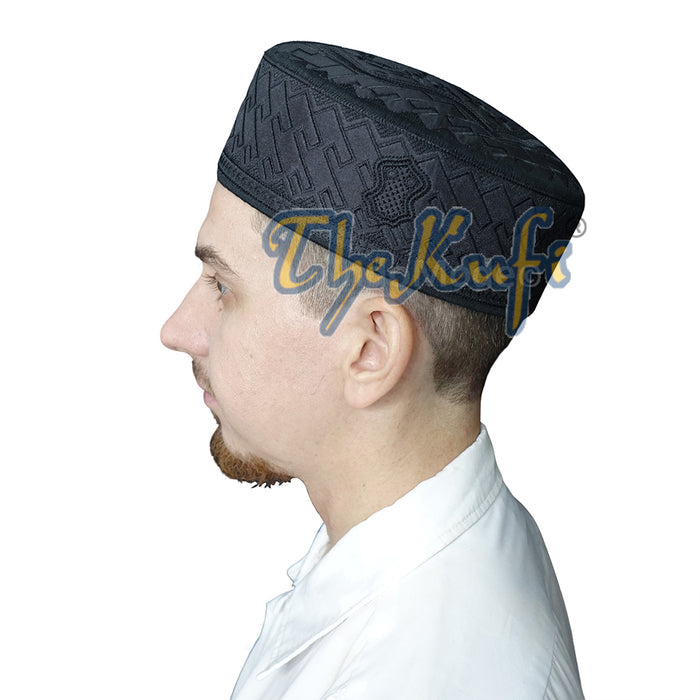 Muslim Kufi Hat - Black Oval Embroidered Rasulullah Sandal Emblem Prayer Cap