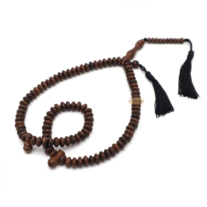Muslim Natural Johar Wenge Wood Handmade Tasbih 10x5 mm 99-Bead Flat Oval Misbaha Prayer Beads