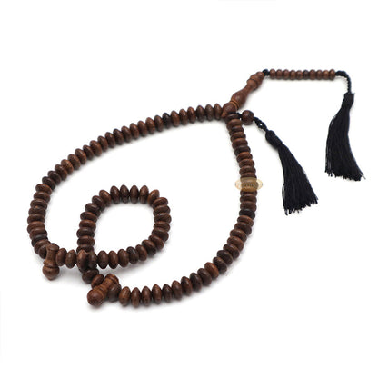 Muslim Natural Johar Wenge Wood Handmade Tasbih 10x5 mm 99-Bead Flat Oval Misbaha Prayer Beads
