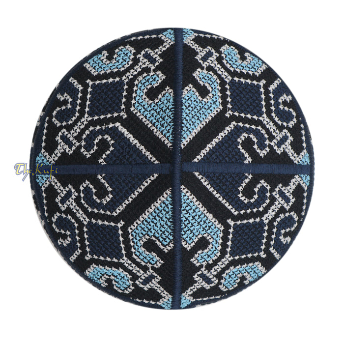 Navy Blue, Black White and Light Turquoise Haji Alay Motif Embroidery Pakistani Topi Kufi Hat