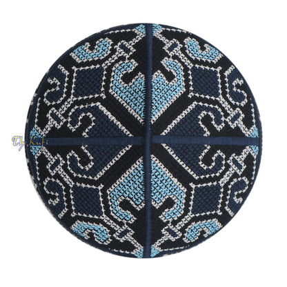 Navy Blue, Black White and Light Turquoise Haji Alay Motif Embroidery Pakistani Topi Kufi Hat