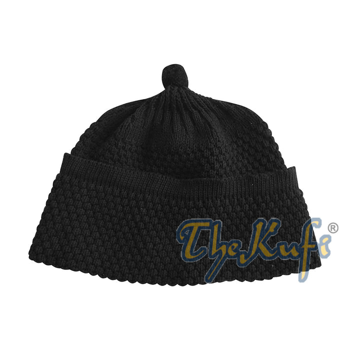 One-Size Black Thick-Weave Stretchy Double Layer Warm Cotton-Acrylic Beanie Hat with pom-pom