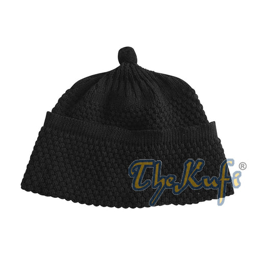 One-Size Black Thick-Weave Stretchy Double Layer Warm Cotton-Acrylic Beanie Hat with pom-pom