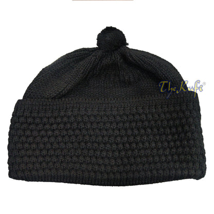One-Size Black Thick-Weave Stretchy Double Layer Warm Cotton-Acrylic Beanie Hat with pom-pom