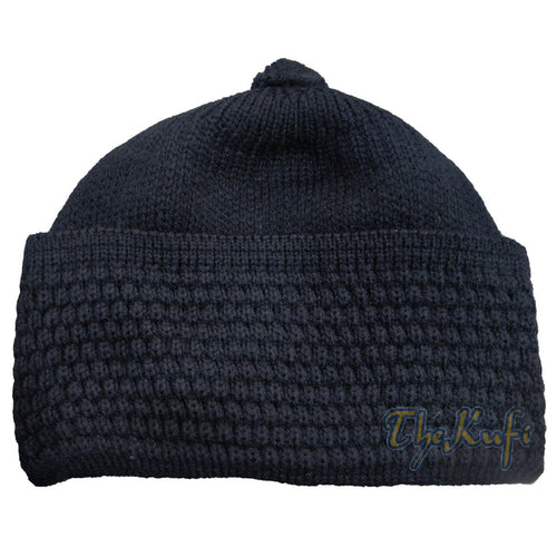 One-Size Dark Blue Thick Stretchy Double Layer Warm Faux Wool Beanie Hat with pom-pom