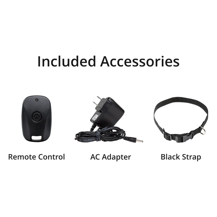 BarkWise™ Complete's included accessories – remote control, AC adaptor, and a black collar strap.
