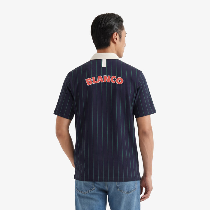 Polo de rugby manches courtes en coton jersey rayé bleu marine et vert