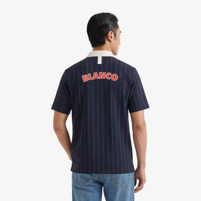 Polo de rugby manches courtes en coton jersey rayé bleu marine et vert