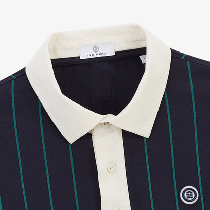 Polo manches courtes en coton jersey raye bleu marine et vert HOMME SERGE BLANCO