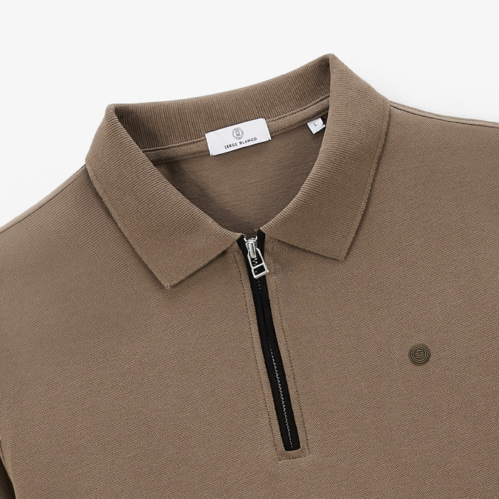 Polo Manches Longues En Coton Piqué Avec Zip Marron Shitake Lindsay Homme SERGE BLANCO