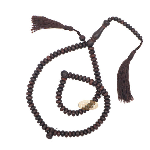 Prayer Beads - 9 mm 99-Bead Flat Oval Tamarind Tasbih with Matching Dark Brown Tassels and 10-Bead Counter
