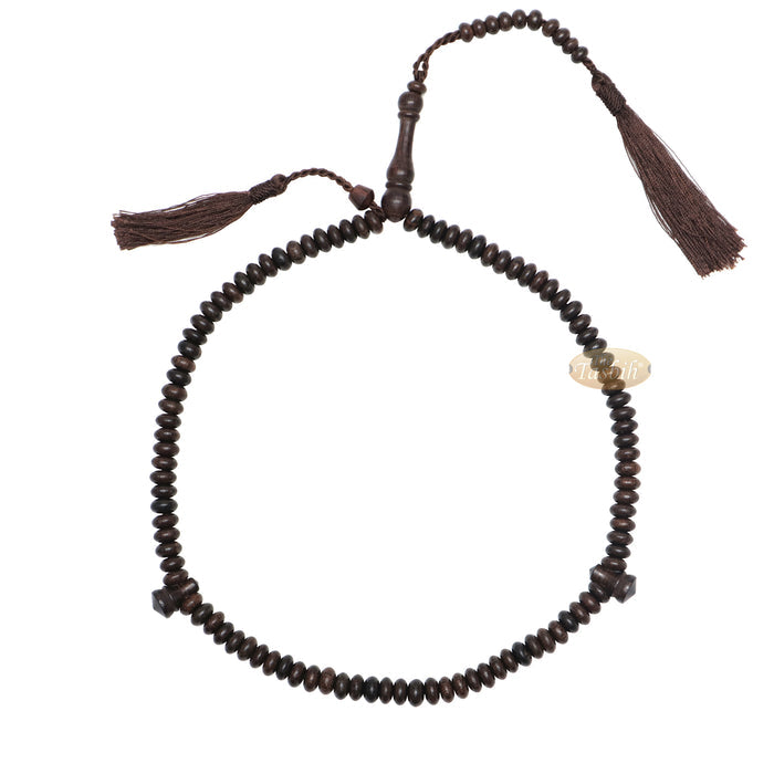 Prayer Beads - 9x4 mm 99-Bead Flat Oval Tamarind Tasbih Dark Brown Tassels and 10-Bead Counter