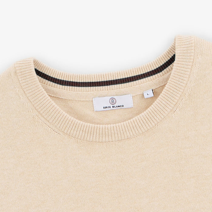 Pull avec col rond avec bande au poignet beige homme serge blanco
