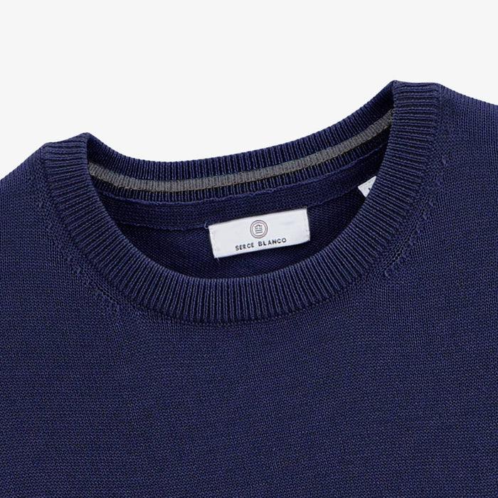 Pull avec col rond avec bande au poignet bleu marine homme serge blanco