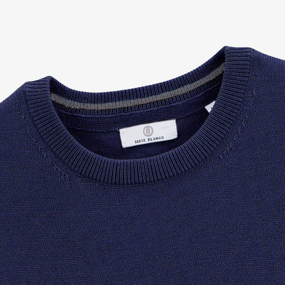 Pull avec col rond avec bande au poignet bleu marine homme serge blanco