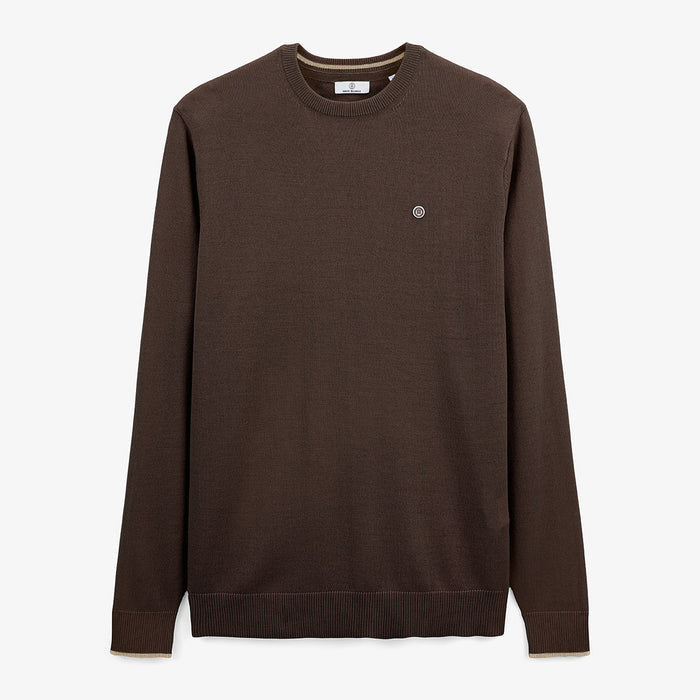 Pull avec col rond avec bande au poignet marron homme serge blanco