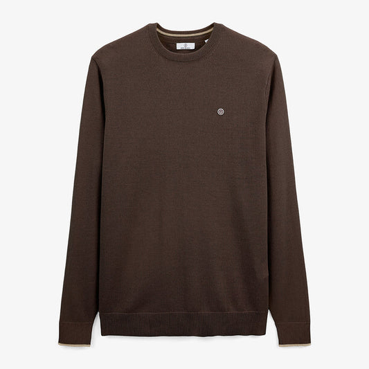 Pull avec col rond avec bande au poignet marron homme serge blanco