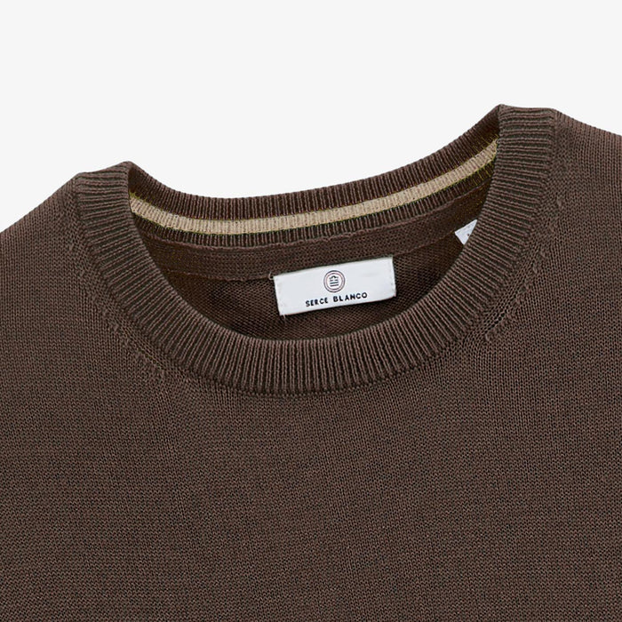 Pull avec col rond avec bande au poignet marron homme serge blanco