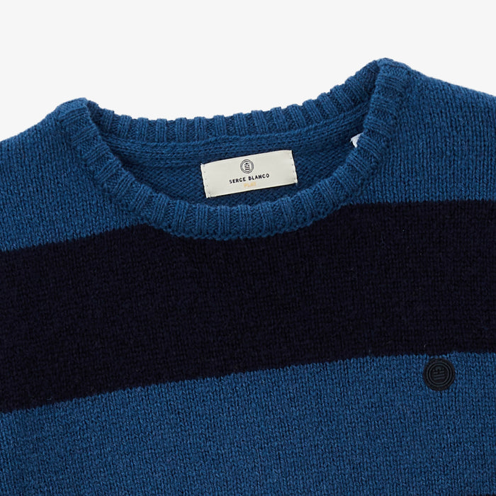 Pull Junior Col Rond En Laine Bleu Dark Navy Rayé Musa SERGE BLANCO