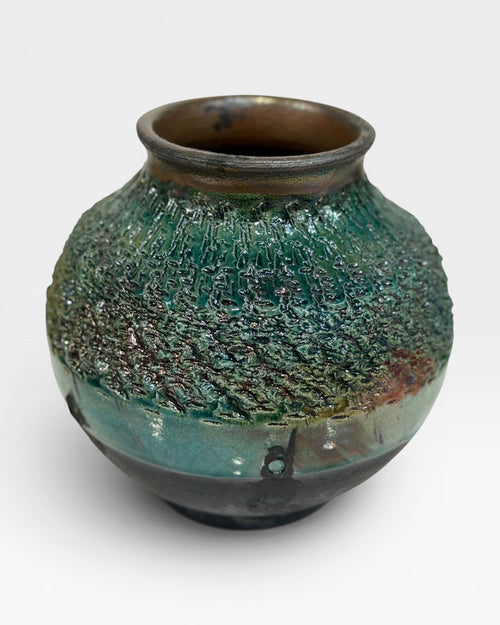 Raku Moon Jar - Textured with Copper Rim