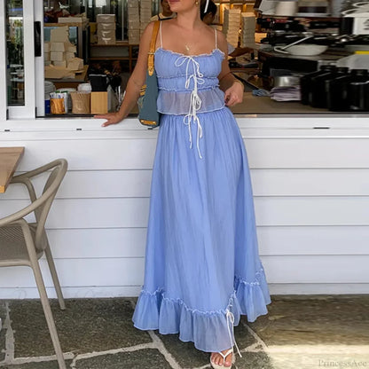 Ruffles Tie-Up Crop Top A-line Maxi Skirt Two Pieces Set
