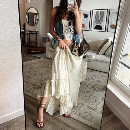 Ruffles Tie-Up Front Camis Crop Top Maxi Skirt Two Pieces Set