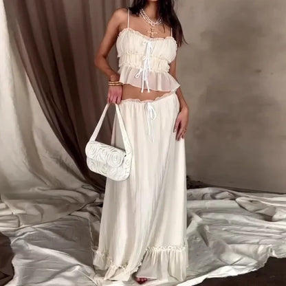 Ruffles Tie-Up Front Camis Crop Top Maxi Skirt Two Pieces Set