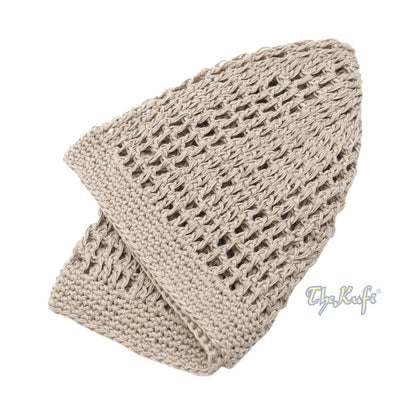 Skull Cap Kufi Cotton Light Brown Tight & Loose Weave Design Crochet Knit Head Cover