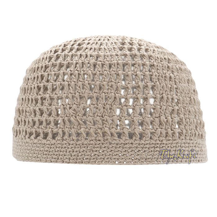 Skull Cap Kufi Cotton Light Brown Tight & Loose Weave Design Crochet Knit Head Cover