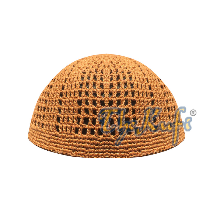 Skull Cap Kufi Cotton Rust Brown Tight & Loose Weave Design Crochet Knit Head Cover
