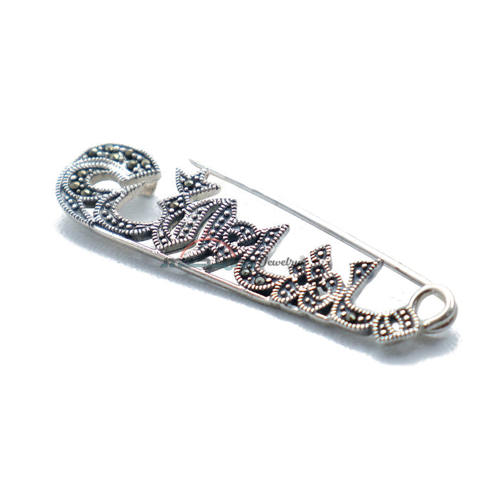 Small Mashaallah Silver Islamic Scarf Pin Brooch Marcasite Stones