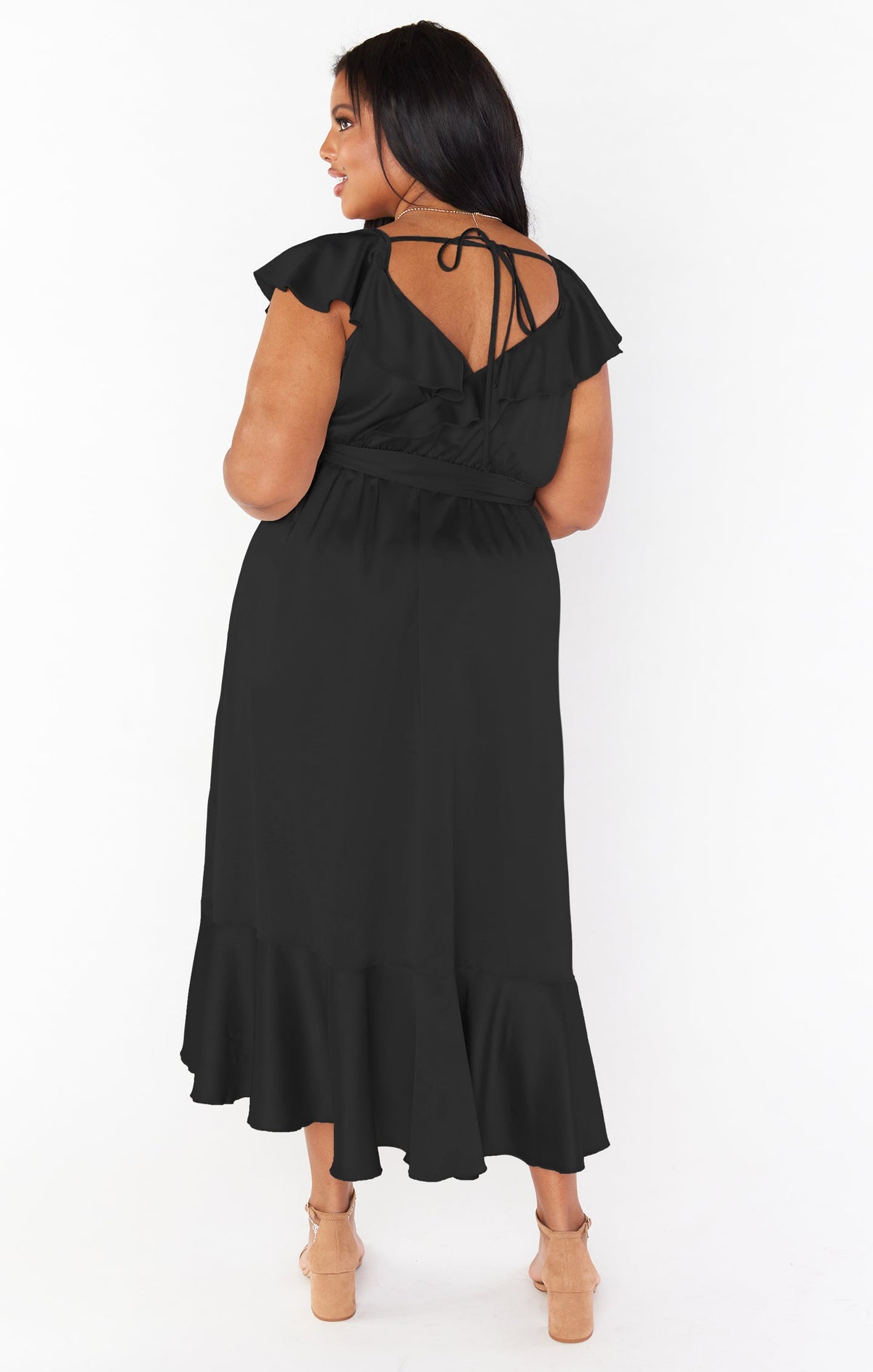 Samantha Ruffle Wrap Dress ~ Black Luxe Satin