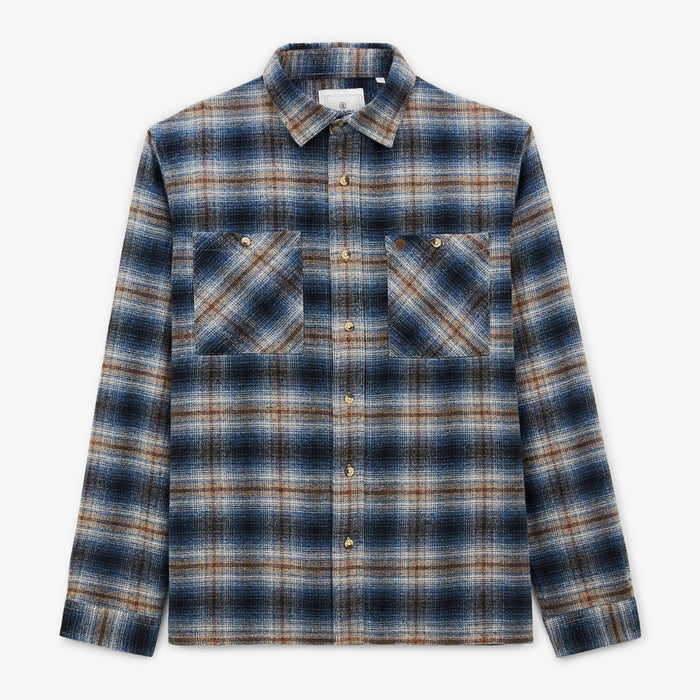 Chemise Manches Longues Flanelle Brossée à Carreaux Bleue Clovis Double Poche Poitrine Homme SERGE BLANCO
