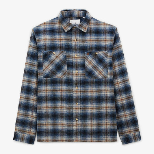 Chemise Manches Longues Flanelle Brossée à Carreaux Bleue Clovis Double Poche Poitrine Homme SERGE BLANCO