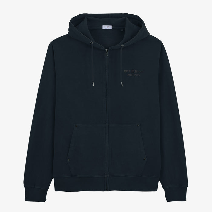 Sweat à capuche zippé teinture old en coton bleu marine