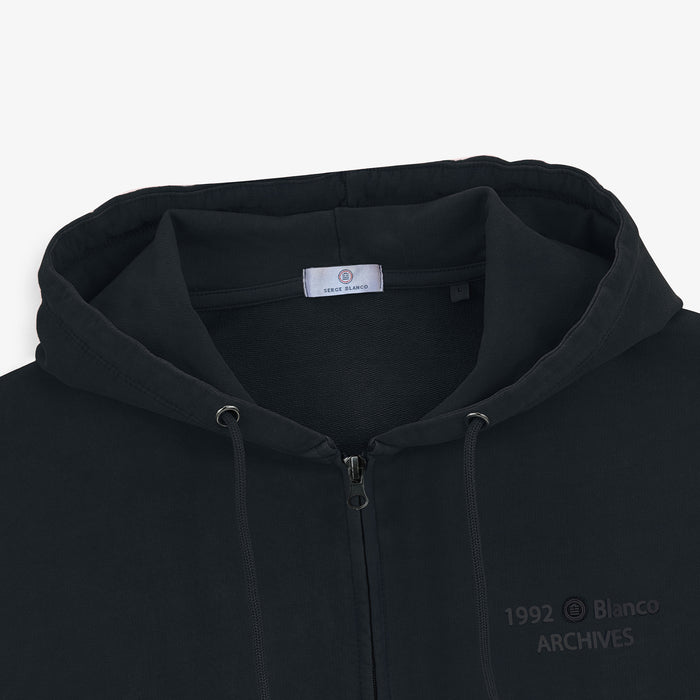 Sweat à capuche zippé teinture old en coton bleu marine
