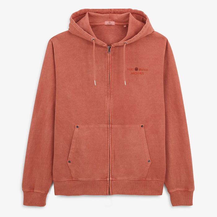 Sweat à Capuche Zippé Teinture Old en Coton Orange Rouille Homme SERGE BLANCO
